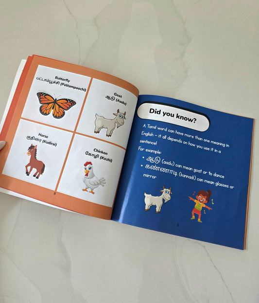 Open book with illustrations of animals and text and a page with did you know fun fact